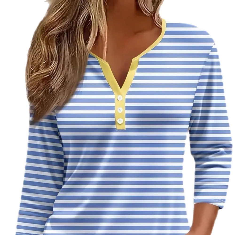 New Without Tags, Striped Blue, White & Yellow Women's V-Neck Pullover